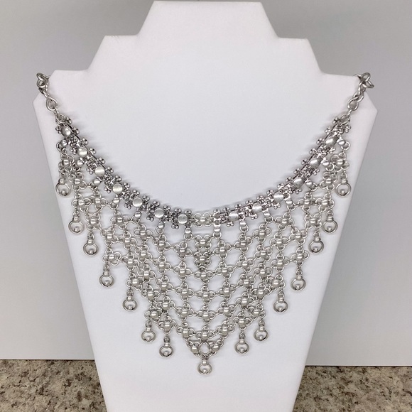 Chico's Jewelry - Chico’s Metal Chain Bib Necklace, Antique Silver Color Ornate Links, Statement